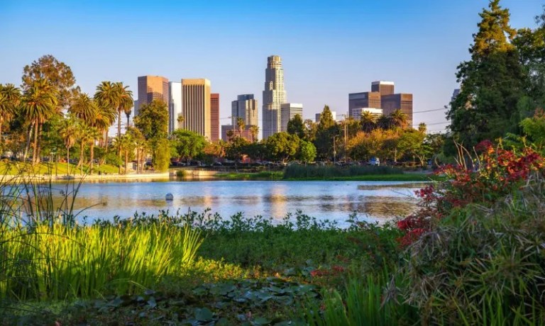 Los Angeles skyline and water