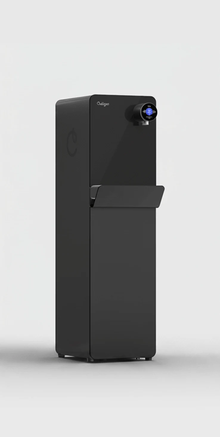 The Purity Advanced, a black floor-standing dispenser with a brushed-metal shelf across its front.