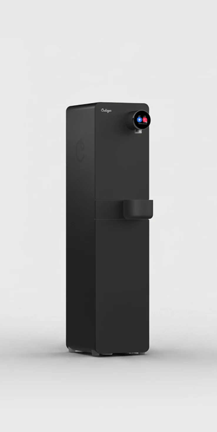 The Purity Essential, a slimmer black floor-standing dispenser with the dispensing point on the front of its column.