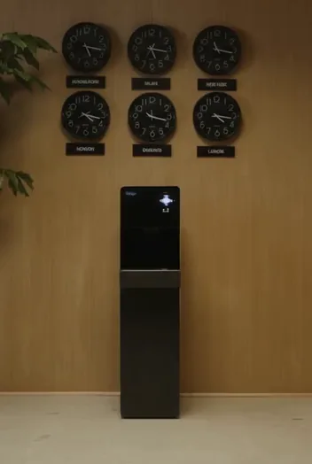 An engineer servicing a Purity under a wall of clocks in an office.