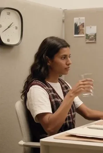 A woman drinking a glass of filtered water at her desk.