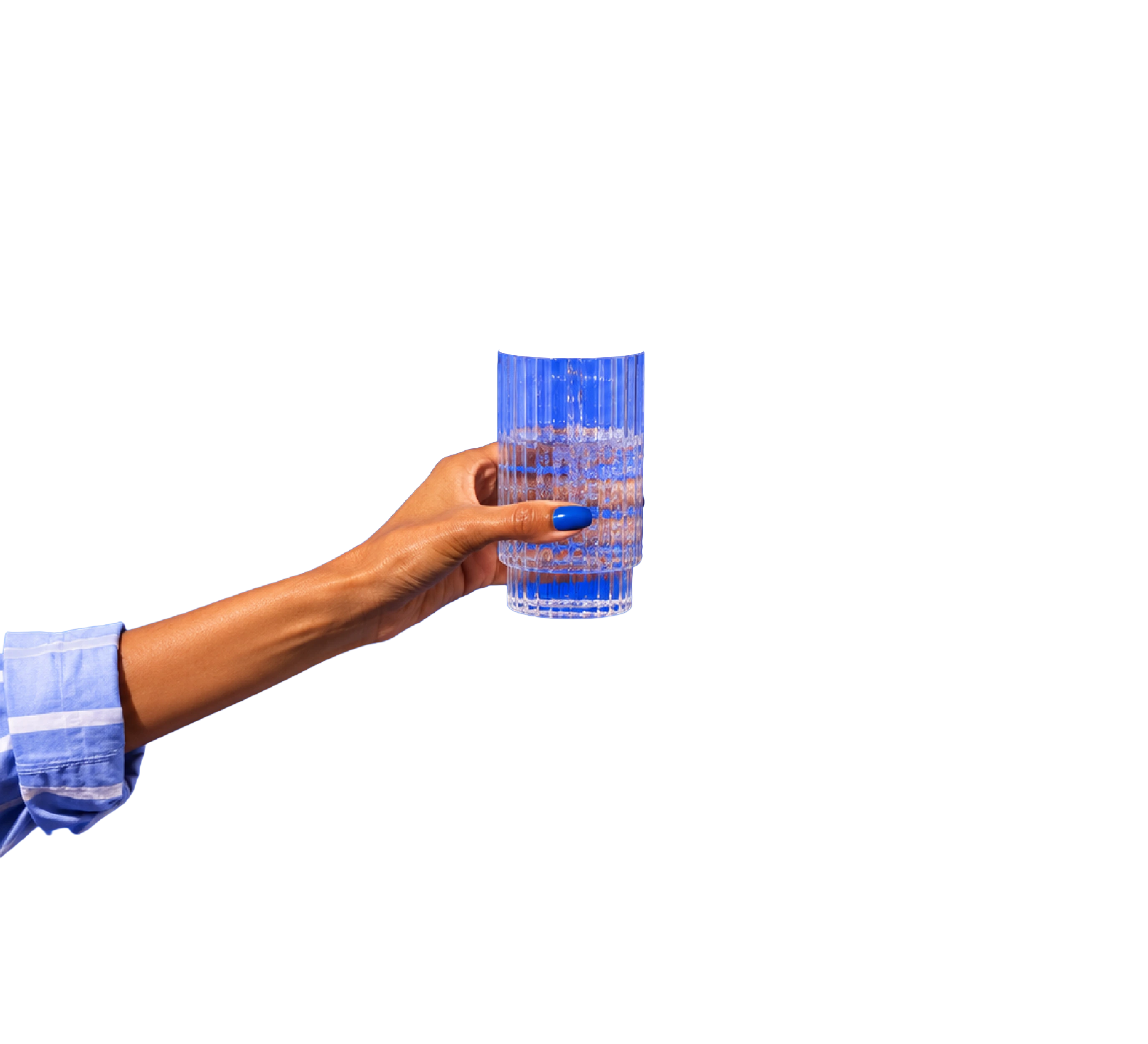 A hand holding a vessel out against a blue wall while filtered water pours into it — a ribbed glass, an insulated tumbler and a refillable bottle in turn.