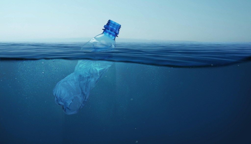 plastic water bottle in ocean