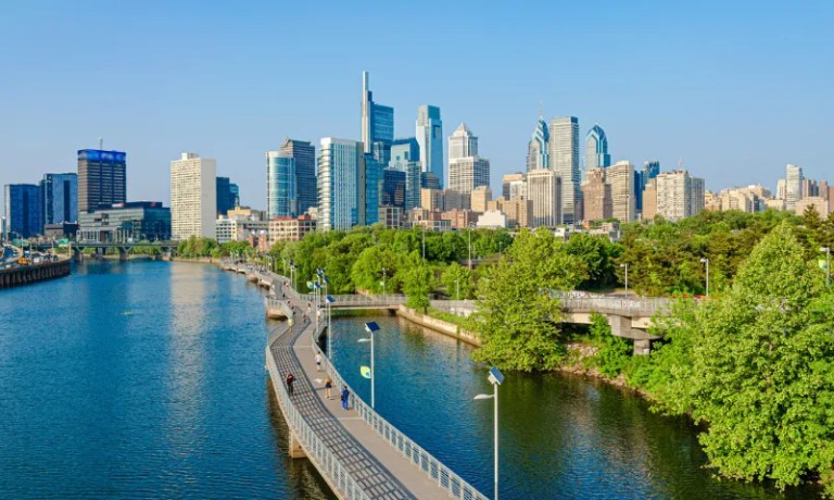 Philadelphia skyline with the Schuylkill River