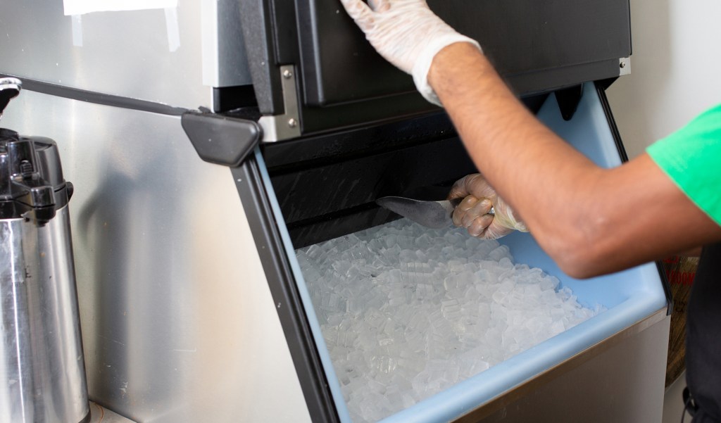 restaurant worker scooping ice from bin ice machine