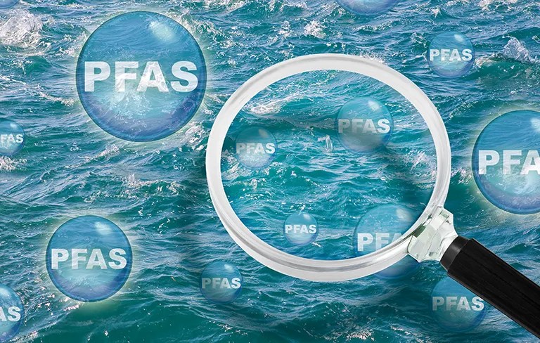 pfas bubbles in drinking water with a magnifying glass