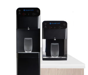 Q8 countertop and freestanding water coolers with glass of water