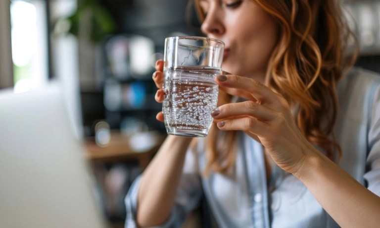 blond woman drinking sparkling water in front of computer