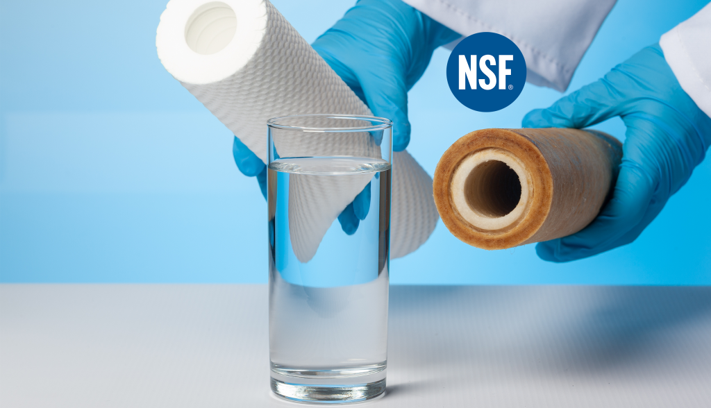 Person with blue gloves holding two water filters behind a glass of water with NSF logo