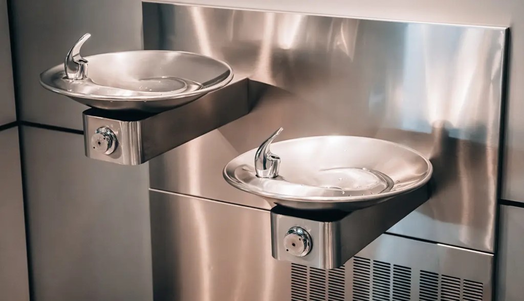 two metal water fountains side by side